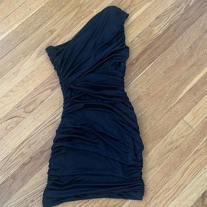Forever 21 black ruched one shoulder mini dress